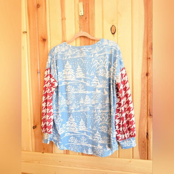 Women's Nuggles L Blue and Red Winter Scene Houndstooth Long Sleeve Soft Tee Top - Picture 4 of 4